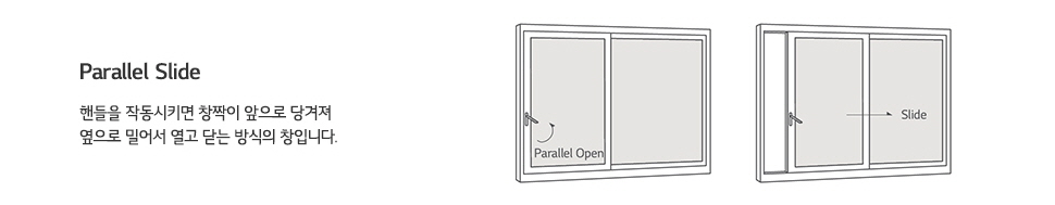 Parallel Slide 핸들을 작동시키면 창짝이 앞으로 당겨져 옆으로 밀어서 열고 닫는 방식의 창입니다.