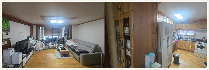 부산시 해운대구 우방신세계타운 32평 노후화된 마감재와 수납 공간 부족으로 정리정돈이 어렵고 어두워 보이는 시공 전 모습 