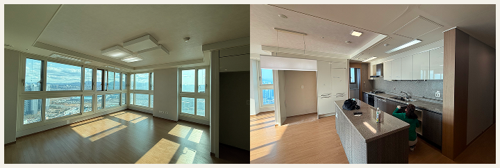 충남 아산시 탕정삼성트라팰리스 47평 각기 다른 색감과 텍스처의 마감재로 조화가 부족하고 답답해 보이는 시공 전 모습 