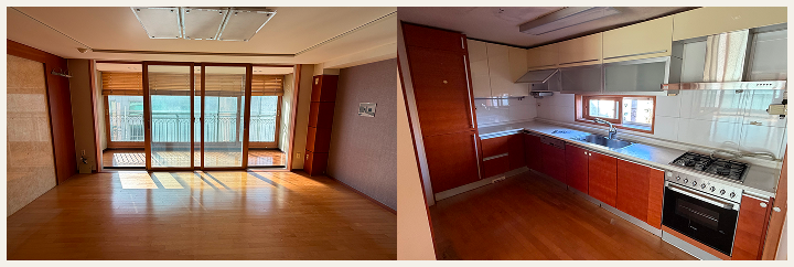 서울시 강남구 금호어울림 아파트 46평, 비효율적인 구조와 노후화된 마감재로 넓은 평수임에도 어둡고 답답해 보이는 시공 전 모습 