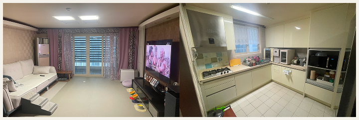 고양시 중산동 중산9단지두산,한성 아파트 48평, 비효율적인 구조와 다양한 패턴의 마감재가 혼재해 실제 면적보다 좁고 답답해 보이는 시공 전 모습 
