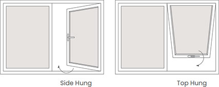 Side Hung / Top Hung 창이 실외 쪽으로 열리는 방식입니다.